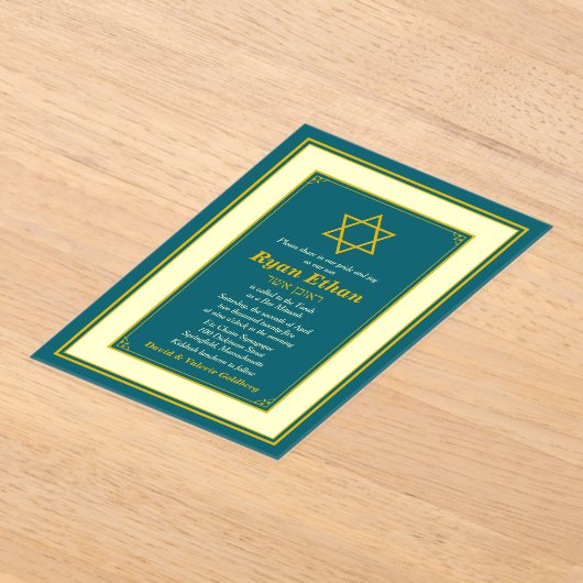 Blauwgroen en gouden ster van David Bar Mitswa Acryl Uitnodigingen (Laagn)