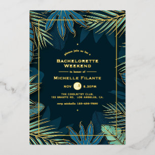 Blauwgroen en gouden tropische bachelorette folie uitnodiging