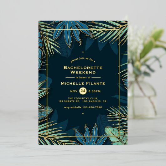 Blauwgroen en gouden tropische bachelorette folie uitnodiging (Staand Voorkant)