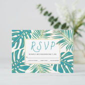 Blauwgroen en gouden tropische bladeren bruiloft R RSVP Kaartje (Staand voorkant)