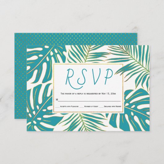 Blauwgroen en gouden tropische bladeren bruiloft R RSVP Kaartje (Voorkant / Achterkant)