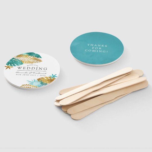 Blauwgroen en gouden tropische bruiloft handwaaier (Niet-gemonteerd)