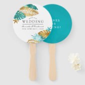 Blauwgroen en gouden tropische bruiloft handwaaier (Voorkant en achterkant)