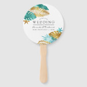 Blauwgroen en gouden tropische bruiloft handwaaier (Voorkant)