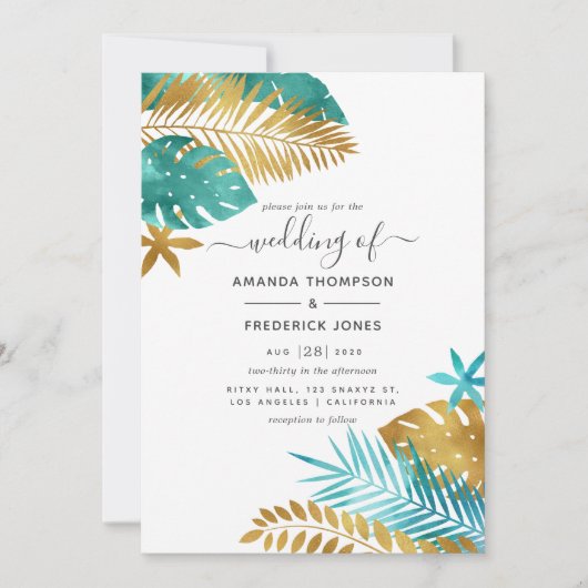 Blauwgroen en gouden tropische bruiloft kaart (Voorkant)