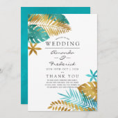 Blauwgroen en gouden tropische bruiloft programmakaart (Voorkant / Achterkant)
