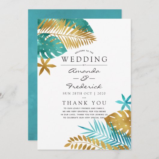 Blauwgroen en gouden tropische bruiloft programmakaart (Voorkant / Achterkant)