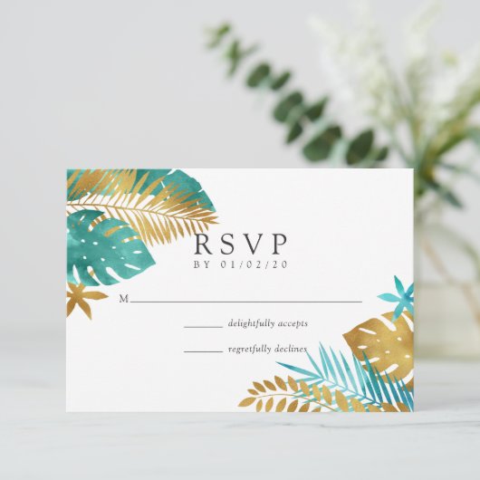 Blauwgroen en gouden tropische bruiloft RSVP kaartje (Staand voorkant)