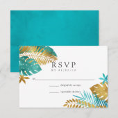 Blauwgroen en gouden tropische bruiloft RSVP kaartje (Voorkant / Achterkant)
