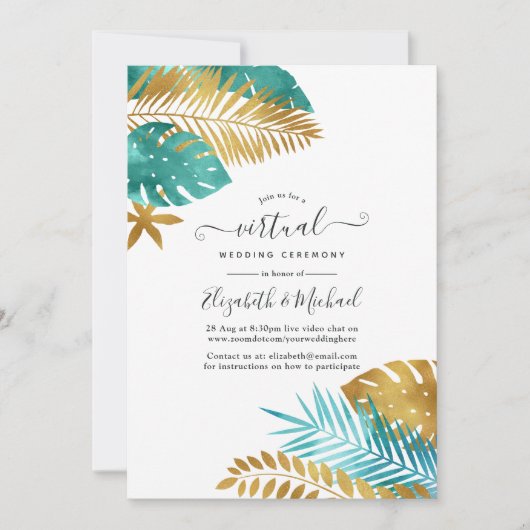 Blauwgroen en gouden Tropische online virtuele bru Kaart (Voorkant)
