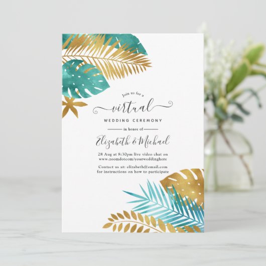 Blauwgroen en gouden Tropische online virtuele bru Kaart (Staand voorkant)