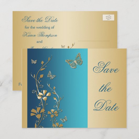 Blauwgroen en gouden vlinders Save the Date Briefk Aankondigingskaart (Voorkant / Achterkant)