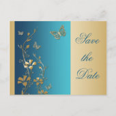 Blauwgroen en gouden vlinders Save the Date Briefk Aankondigingskaart (Voorkant)