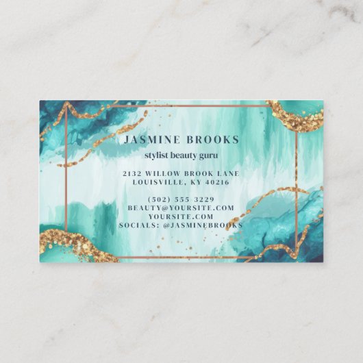 Blauwgroen en gouden Waterverf Glitter Visitekaartje (Achterkant)