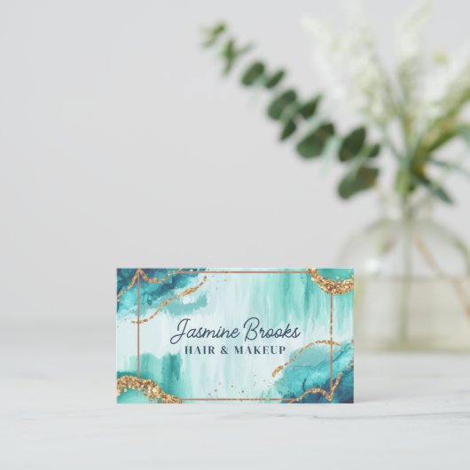 Blauwgroen en gouden Waterverf Glitter Visitekaartje (Staand voorkant)
