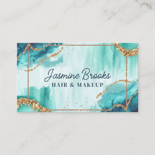 Blauwgroen en gouden Waterverf Glitter Visitekaartje (Voorkant)
