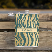 Blauwgroen en Gouden Wilde Dierenprint met Naam Heupfles