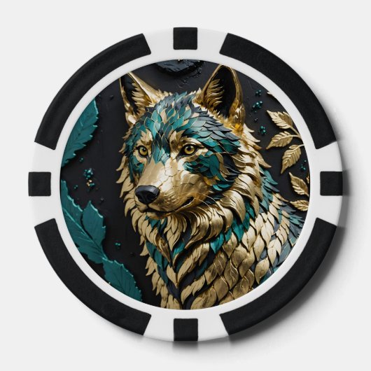Blauwgroen en gouden wolf poker chips (Voorkant)