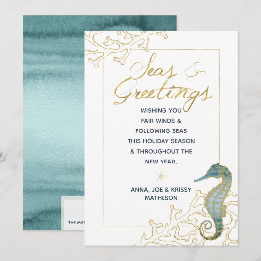Blauwgroen en gouden Zeeen en kerstfeestdagen Feestdagenkaart (Voorkant / Achterkant)