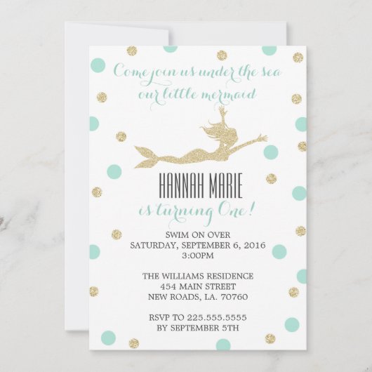 Blauwgroen en gouden zeemeermin verjaardagsfeestui kaart (Voorkant)