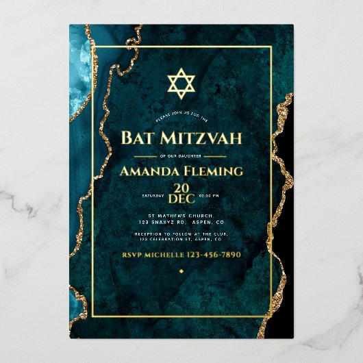 Blauwgroen en goudfaux Agate Bat Mitzvah Folie Uitnodiging (Voorkant)