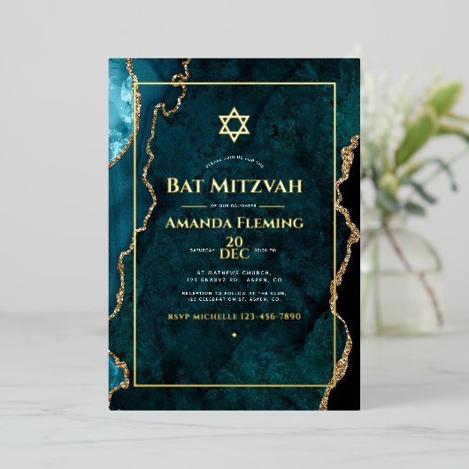 Blauwgroen en goudfaux Agate Bat Mitzvah Folie Uitnodiging (Staand Voorkant)