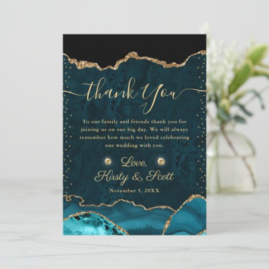 Blauwgroen en goudfaux Glitter Agate Wedding Bedankkaart (Staand voorkant)