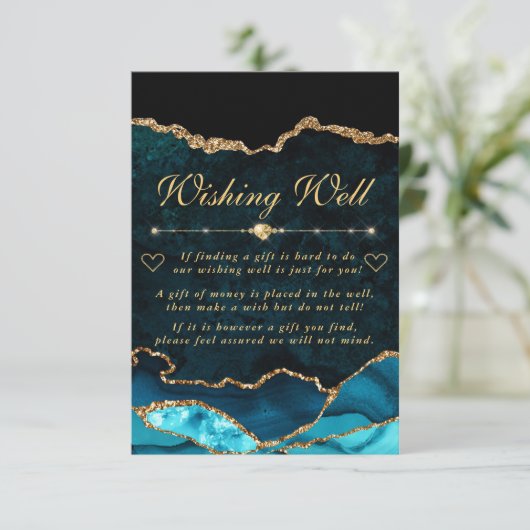 Blauwgroen en goudfaux glitter Agate Wishing Well Informatiekaartje (Staand voorkant)