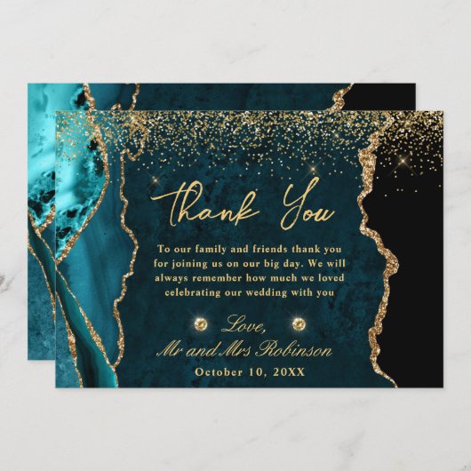 Blauwgroen en goudfeeën Glitter Marble Agate Weddi Bedankkaart (Voorkant / Achterkant)