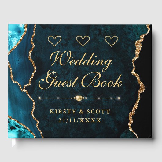 Blauwgroen en goudfeesten Glitter Agate Weddenscha Gastenboek (Voorkant)