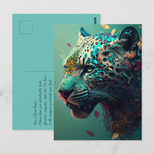 Blauwgroen en goudflorale jaguar briefkaart (Voorkant / Achterkant)