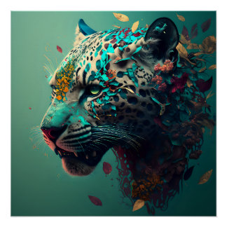 Blauwgroen en goudflorale jaguar perfect poster