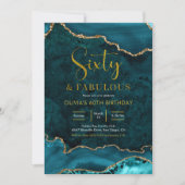 Blauwgroen en goudgas 60th en Fabulous Invitation Kaart (Voorkant)