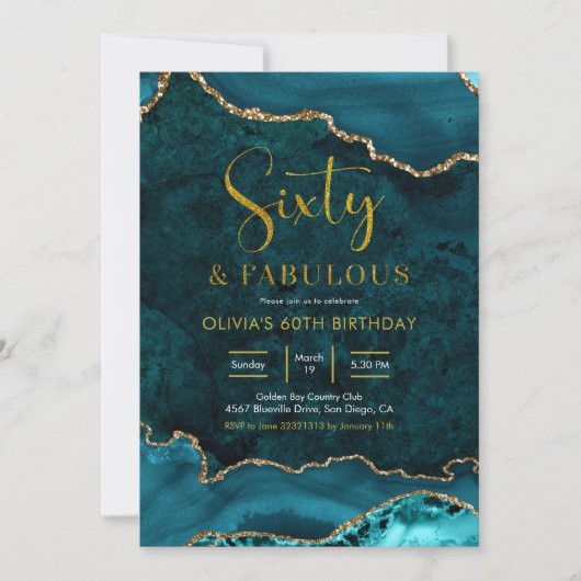 Blauwgroen en goudgas 60th en Fabulous Invitation Kaart (Voorkant)