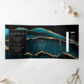 Blauwgroen en goudgeaarde bruiloft drieluik uitnodiging (Binnen)