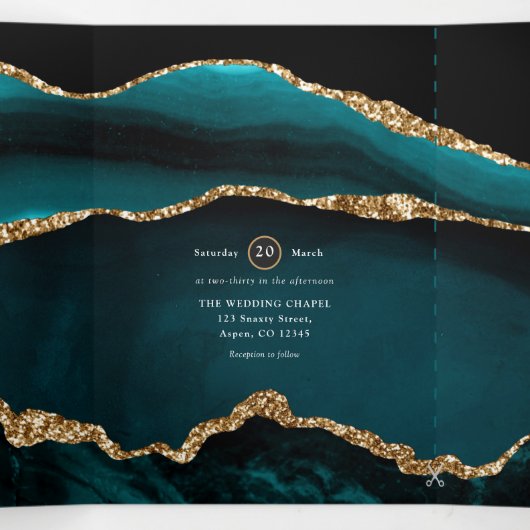 Blauwgroen en goudgeaarde bruiloft drieluik uitnodiging (Binnenkant midden)