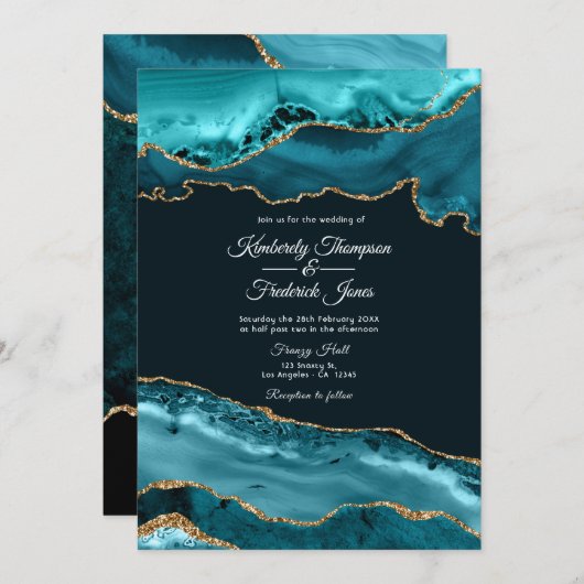 Blauwgroen en goudgeaarde bruiloft kaart (Voorkant / Achterkant)