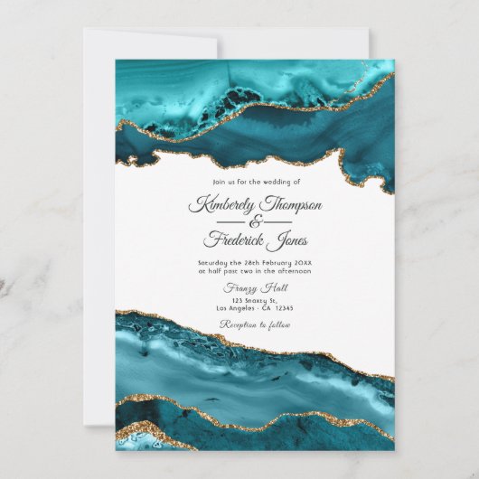 Blauwgroen en goudgeaarde bruiloft kaart (Voorkant)