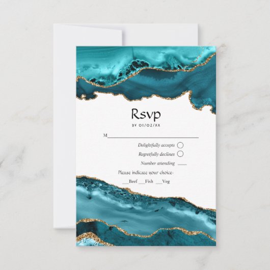 Blauwgroen en goudgeaarde bruiloft RSVP kaartje (Voorkant)