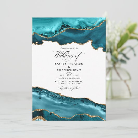 Blauwgroen en goudgeperste bruiloft foto kaart (Staand voorkant)