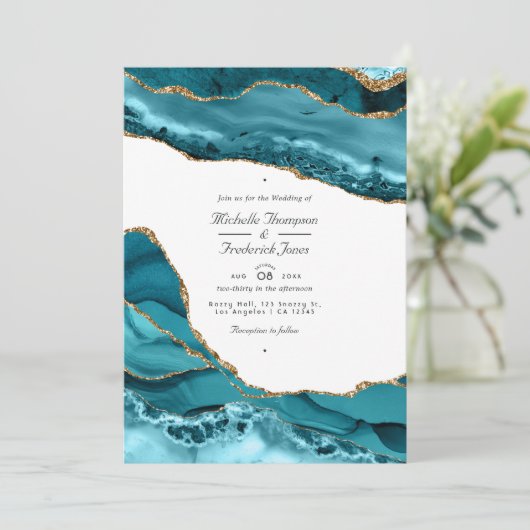 Blauwgroen en goudgesteente QR-code RSVP-bruiloft Kaart (Staand voorkant)