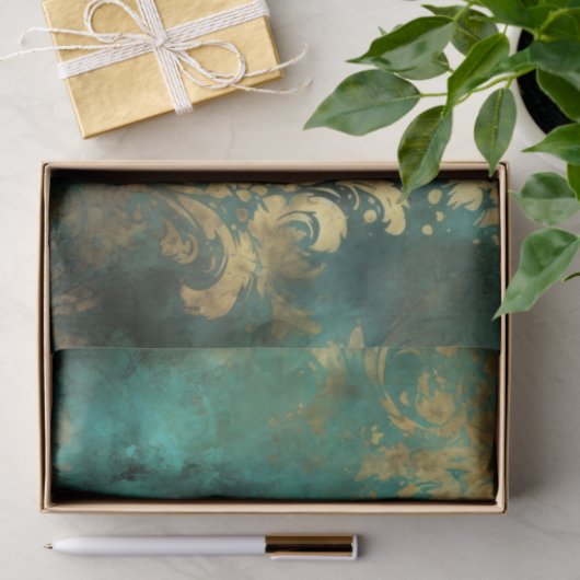 Blauwgroen en goudgestoorde rustieke  Grunge Tissuepapier (Geschenk)