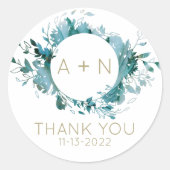 Blauwgroen en goudgewas monogram Waterverf Ronde Sticker (Voorkant)