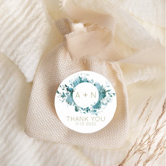 Blauwgroen en goudgewas monogram Waterverf Ronde Sticker