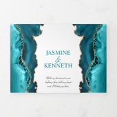 Blauwgroen en goudgeweer op witte bruiloft drieluik uitnodiging (Cover)