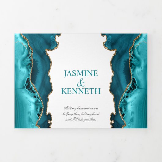 Blauwgroen en goudgeweer op witte bruiloft drieluik uitnodiging (Cover)