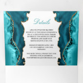 Blauwgroen en goudgeweer op witte bruiloft drieluik uitnodiging (Binnenzijde eerst)