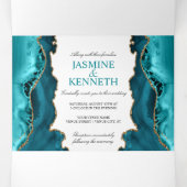 Blauwgroen en goudgeweer op witte bruiloft drieluik uitnodiging (Binnenkant midden)