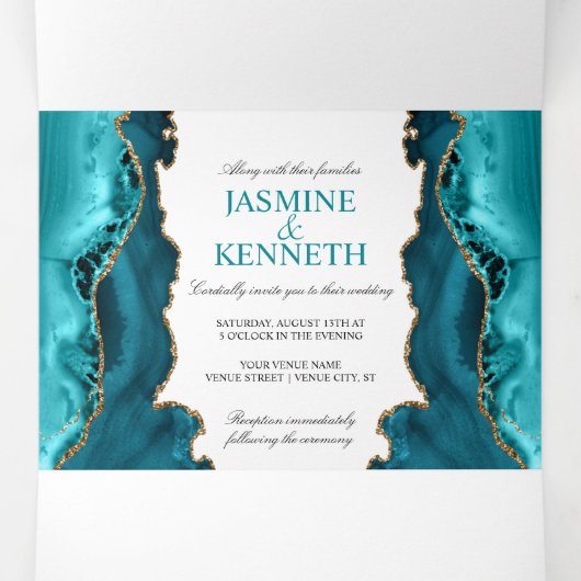 Blauwgroen en goudgeweer op witte bruiloft drieluik uitnodiging (Binnenkant midden)