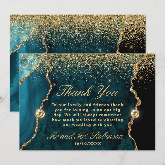 Blauwgroen en goudglitter Agate Marble Wedding Bedankkaart (Voorkant / Achterkant)